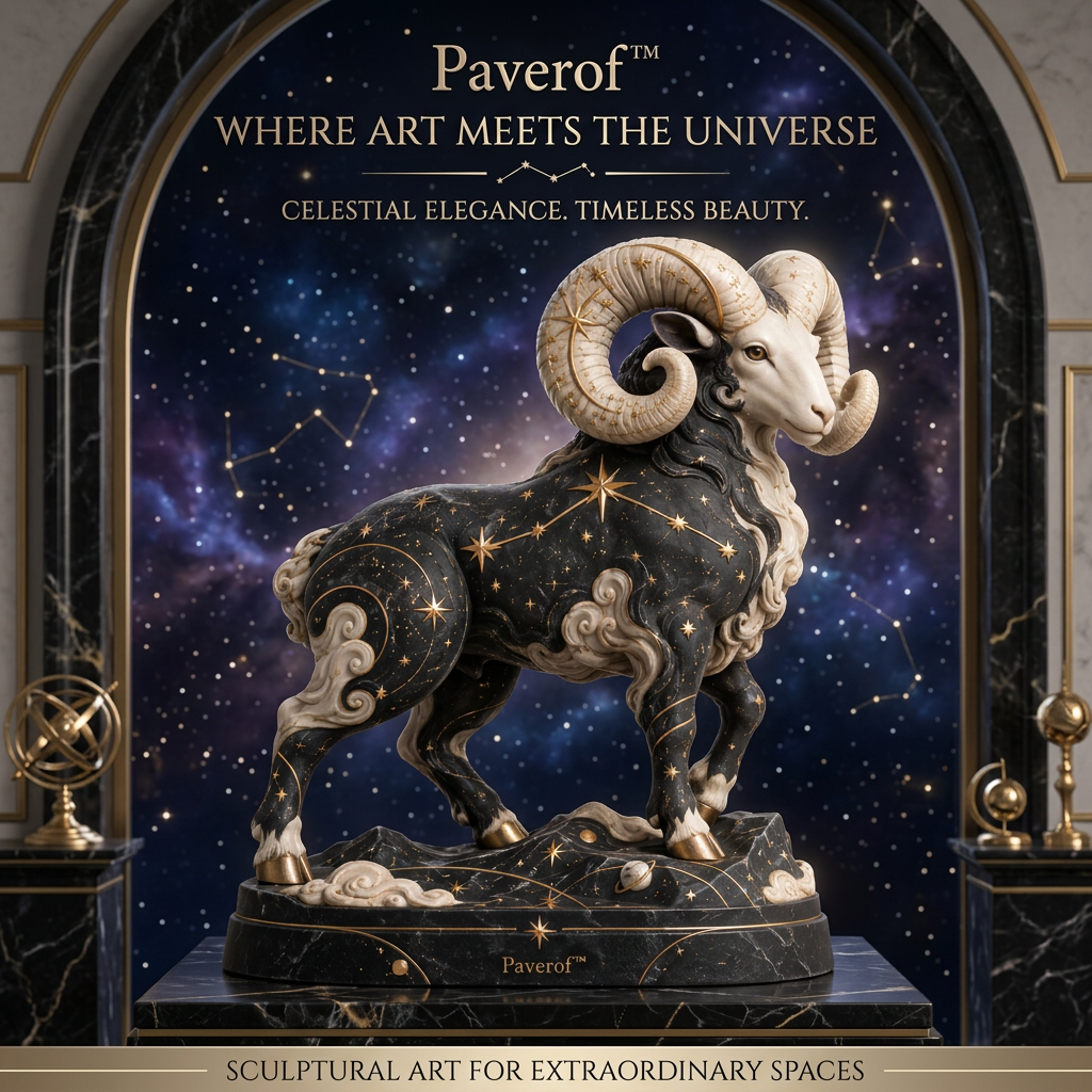 Paverof™ Celestial Aries Ram Sculpture – Midnight Constellation Zodiac Home Décor Statue