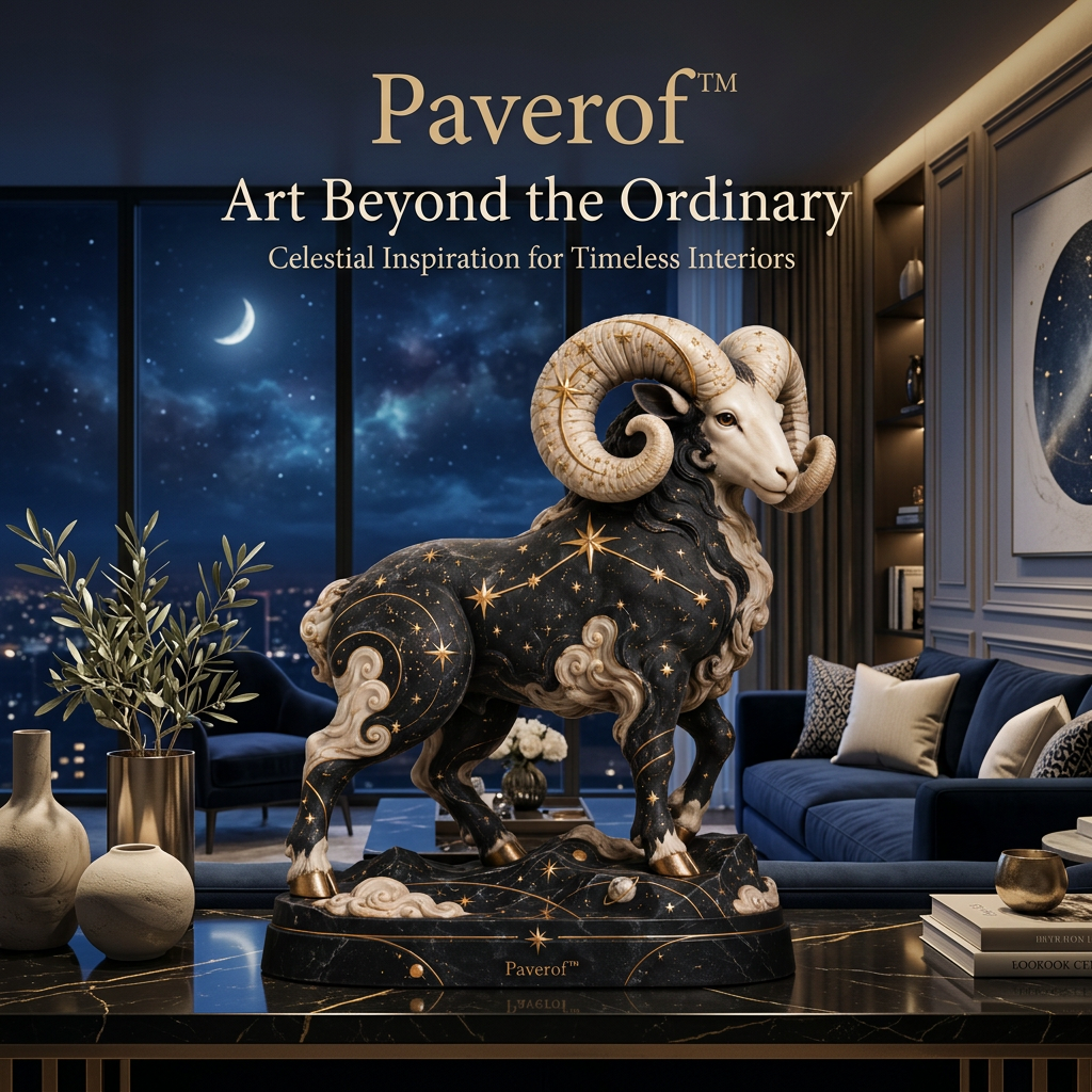 Paverof™ Celestial Aries Ram Sculpture – Midnight Constellation Zodiac Home Décor Statue